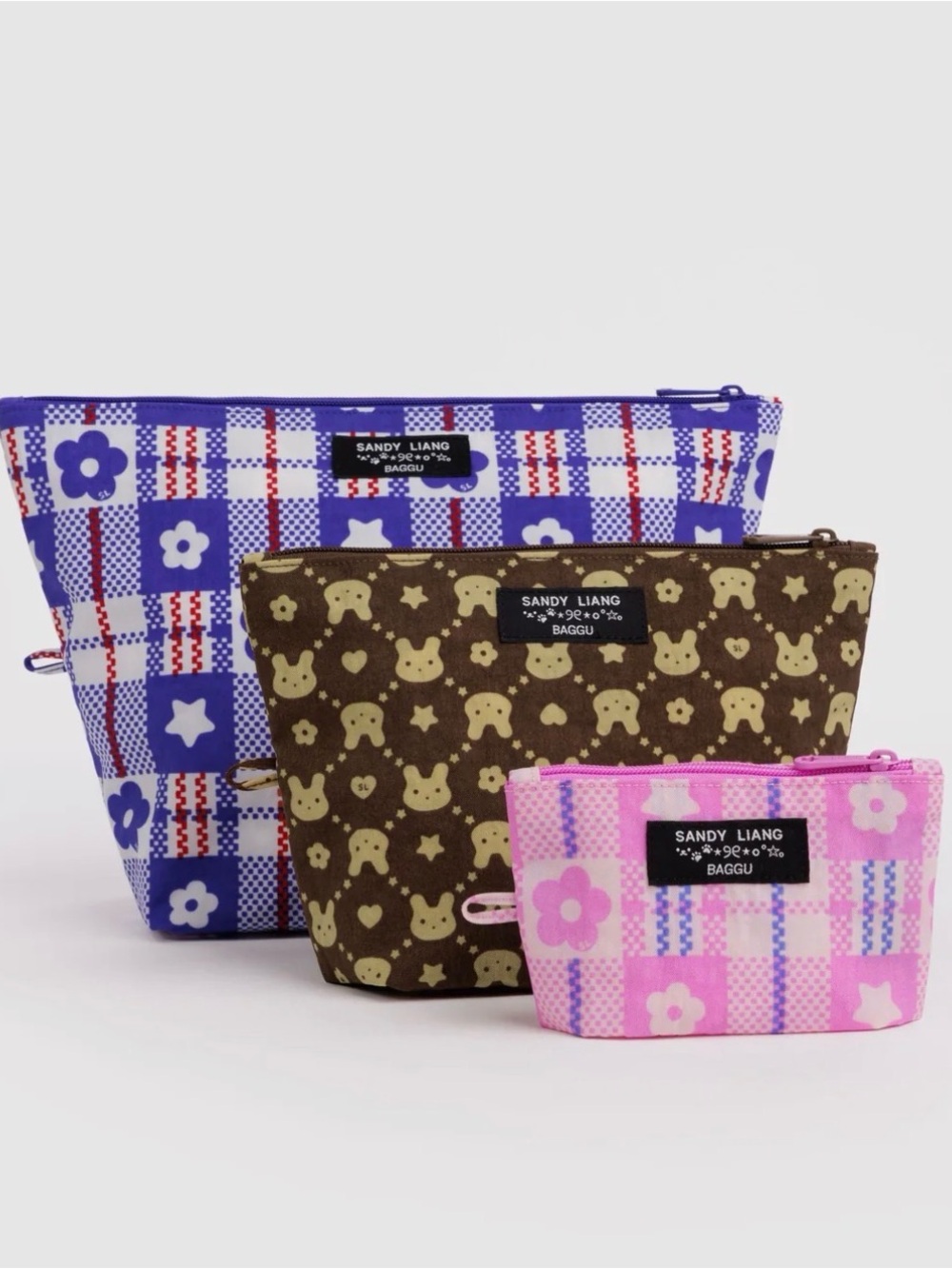 BAGGU Trio Zip Pouch Set - Blue, Brown, Pink